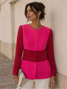 Vintage Dana Buchman Colorblock Silk Pink Red Blazer Jacket Size 6 Career Chic